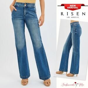 RISEN Tummy Control High Rise Double Button Waistband Dark Washed Bootcut Jeans